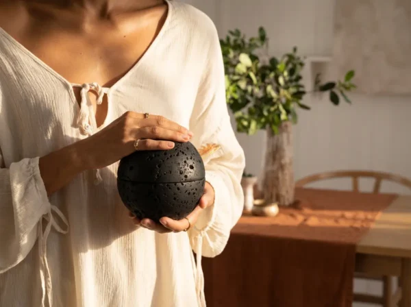 Travertine Incense Burner – Black Sphere