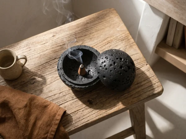 Travertine Incense Burner – Black Sphere